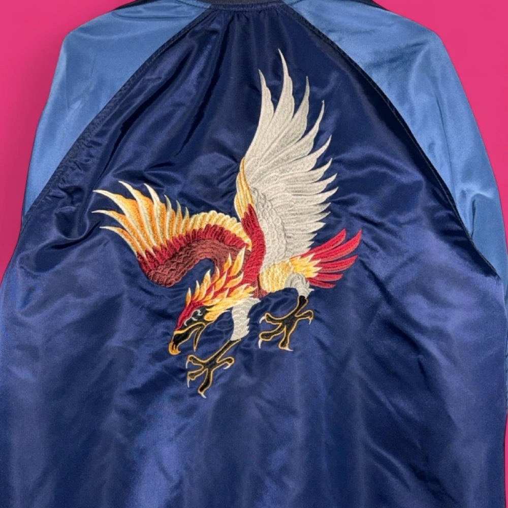 GAP Navy Satin Bomber Jacket with Multicolor Embroidered Eagle